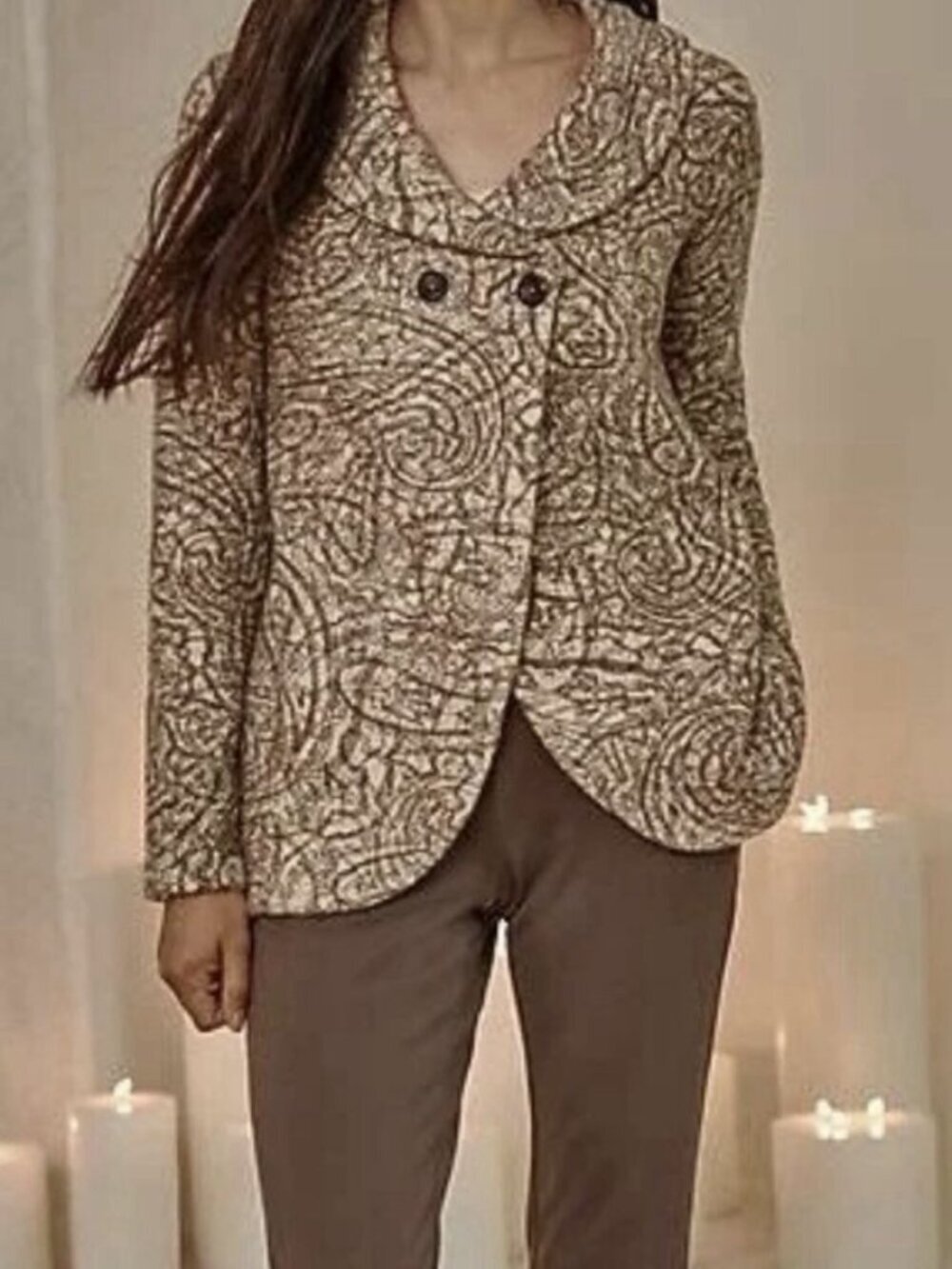 Pure Jill Knit Cardigan Womens XL Tan Paisley Curved Front Shawl Collar J Jill - Picture 2 of 8